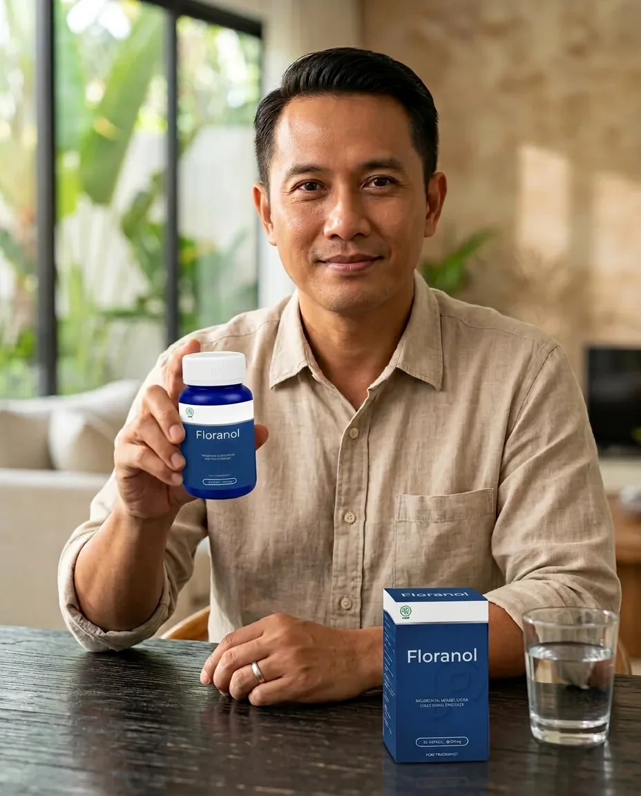 Pria dewasa menunjukkan botol Floranol