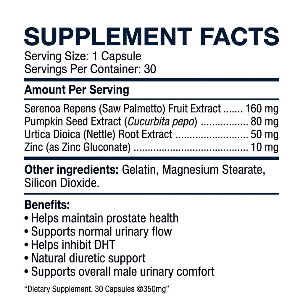 Supplement Facts Floranol: Serenoa Repens 160 mg, biji labu 80 mg, jelatang 50 mg, zinc 10 mg